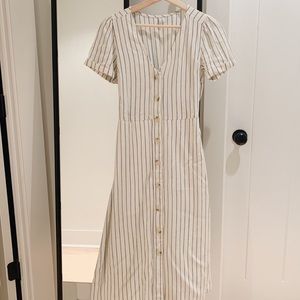 ButtonFront MidiDress in cream w/ blue stripe